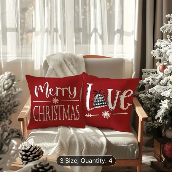 Festive Red Holiday Throw Pillow Cover Set of 4 NIP - Picture 3 of 9